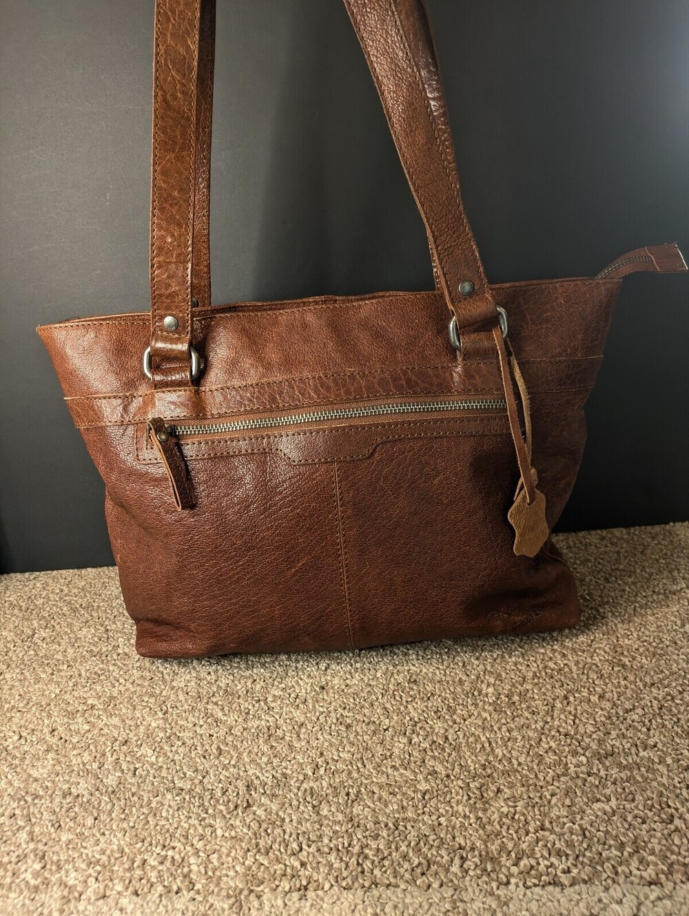 Spikes Sparrow Tote Shoulder Bag Purse Cognac Brown Genuine Leather Vintage